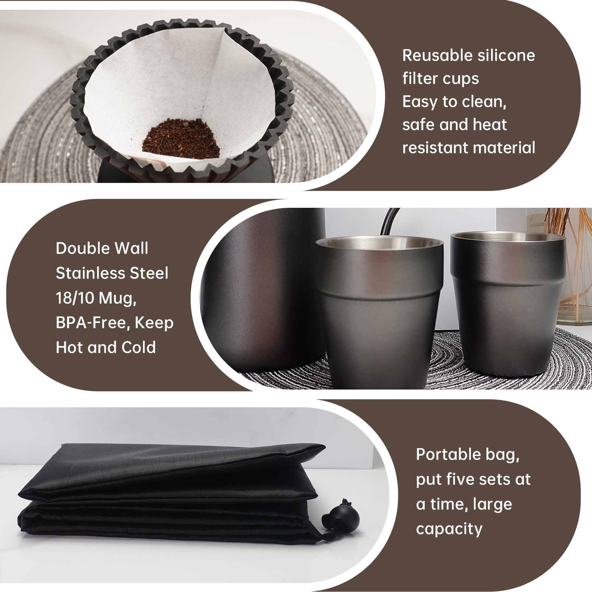 Juego de café artesanal transfronterizo de nuevo modelo, de 26 años de tradición, juego de café portátil de 6 piezas de acero inoxidable de doble pared en una caja colorida.