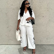 欧美新款套装女大码宽松中袖衬衣非洲高腰绑带长裤休闲女装两件套