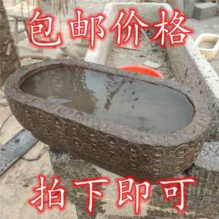 Fish Tank Stone Basin with Real Blue Stone, 60cm Money Basin, Integrated Carving Suitable for Planting Flowers, Retro Style, Used for Holding Water