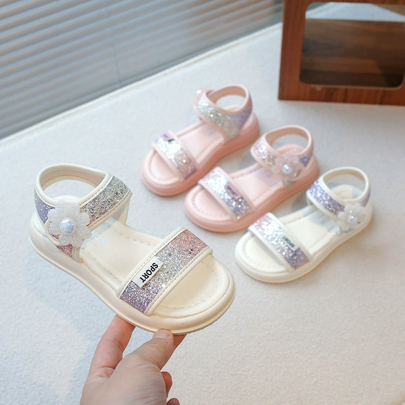 2025 новая летняя детская обувь для девочек градиент цвет блестящие кожаные цветы кроссовки принцессы модные пляжные туфли с открытыми пальцами