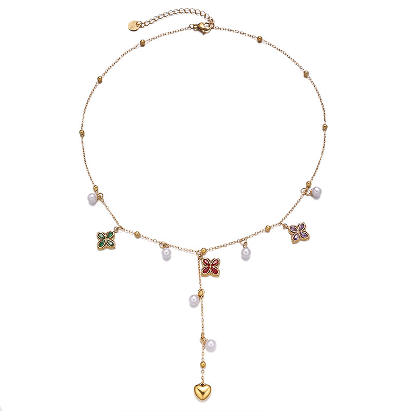 TENA Europa y los Estados Unidos de la cadena de clavícula exquisita de acero inoxidable chapado en oro 18k en forma de Y collar de pétalos de cuatro hojas al por mayor