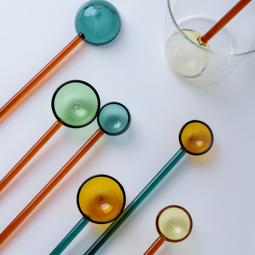 Creative milk dessert spoon, colorful pastoral transparent high temperature resistant glass spoon, cute long handle coffee stirring round spoon