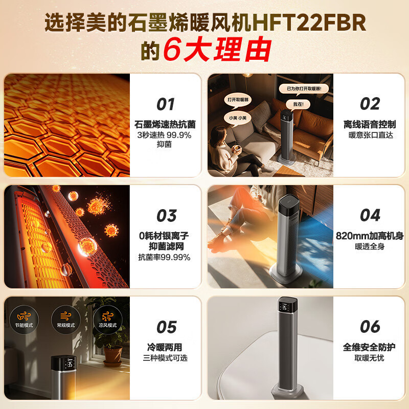 Calentador de grafeno aire suave ahorro de energía antibacteriano ahorro de energía voz inteligente calentador de aire eléctrico HFT22FBR