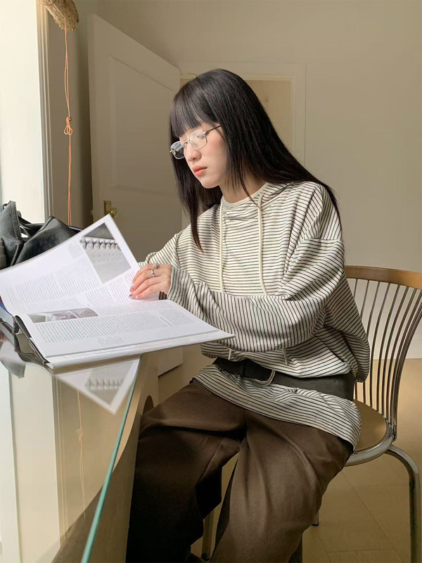 誉一新款2025秋季韩系百搭条纹连帽卫衣女宽松慵懒长袖上衣c6608|undefined