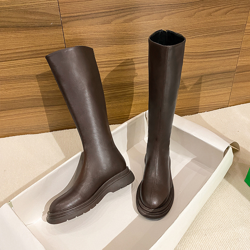 150 short stature with less than knee height, women's new round headed brown plush knight boots for autumn and winter_voghion.com