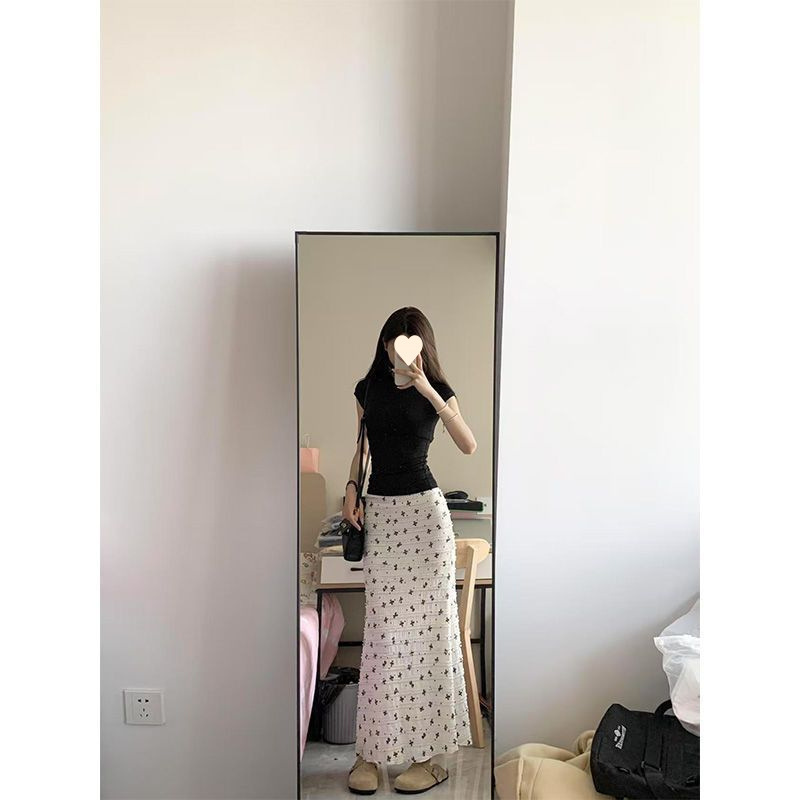 套装女春夏新款韩系辣妹短袖恤上衣高腰显瘦碎花鱼尾半身裙|undefined
