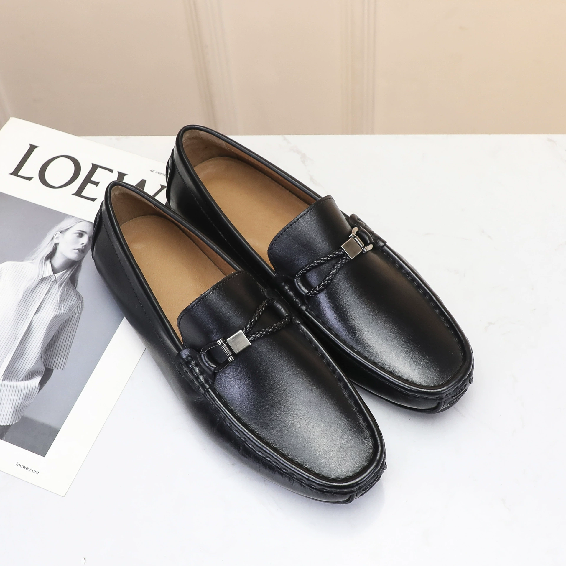 Мужская Однослойная обувь из натуральной кожи, повседневная обувь для вождения с круглым носком и плоской подошвой, мягкая обувь с лефу на лице, мужская обувь