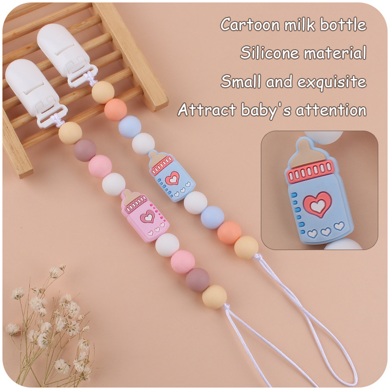 Nuevos suministros de bebé biberón de dibujos animados pequeño mordedor calmante bebé DIY cuentas de silicona mordedura molar Cadena de pezón