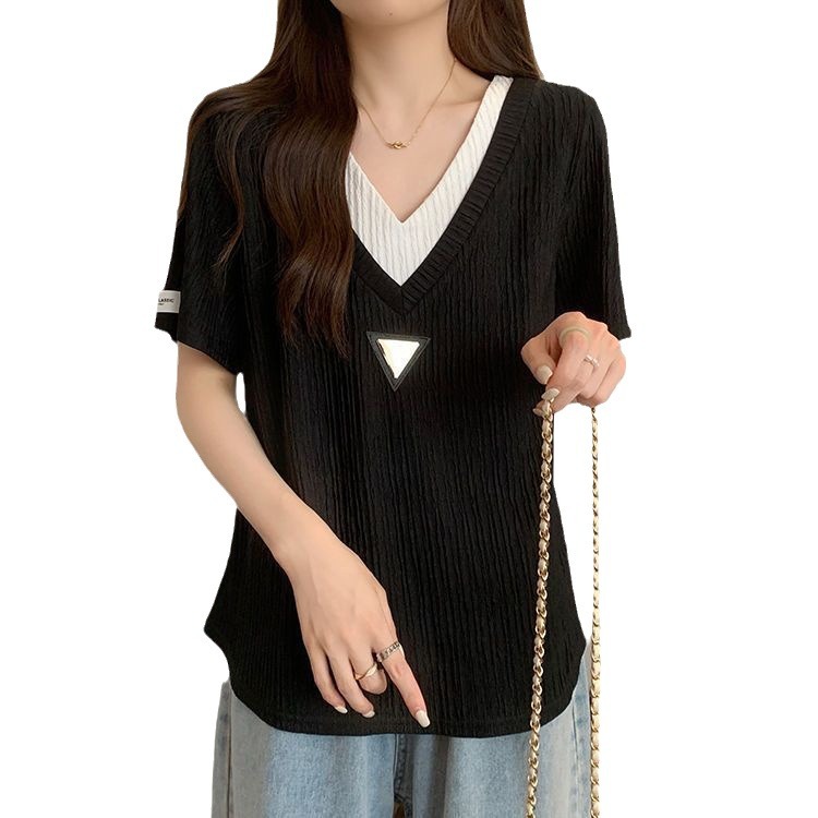 Camiseta de manga corta con sentido de la textura para mujer verano nuevo estilo de gran tamaño suelto y delgado falso diseño de dos piezas con sentido de la blusa casual de todo fósforo