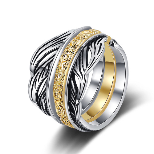 S925 silver detachable gold and silver contrast three-layer feather ring niche design simple fashion ins style personality