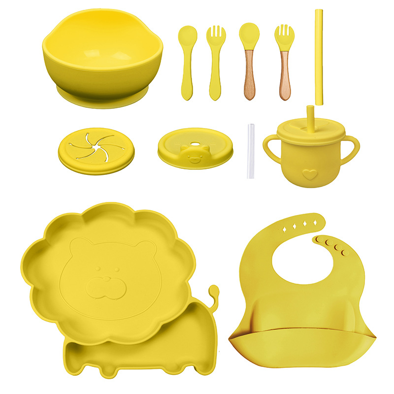 Conjunto de cubiertos para niños tazón de alimentos suplementarios platos de silicona tazón de cuchara de tenedor bib taza de agua de grado alimenticio para bebés alimentación suplementaria