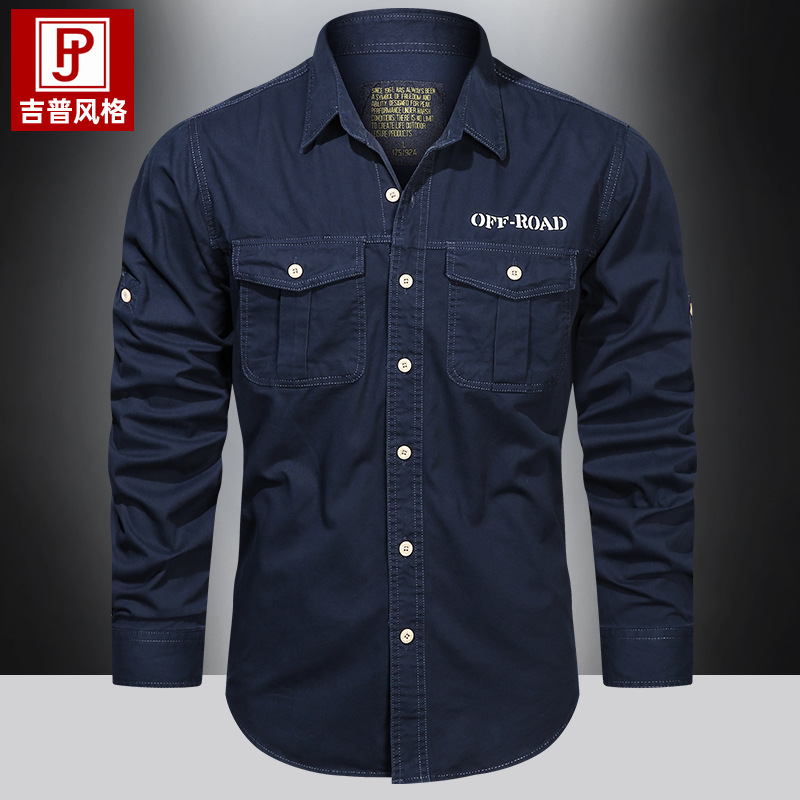 Otoño nuevo multi-bolsillo camisa de manga larga uniforme militar hombre gran camisa de trabajo de algodón casual chaqueta juvenil hombre