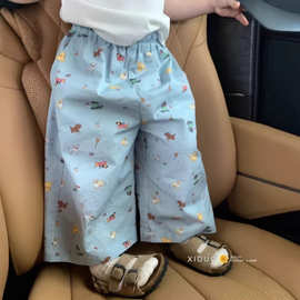 童装中小童薄款小狗裤子夏季女童超可爱卡通满印防蚊裤蓝色直筒裤