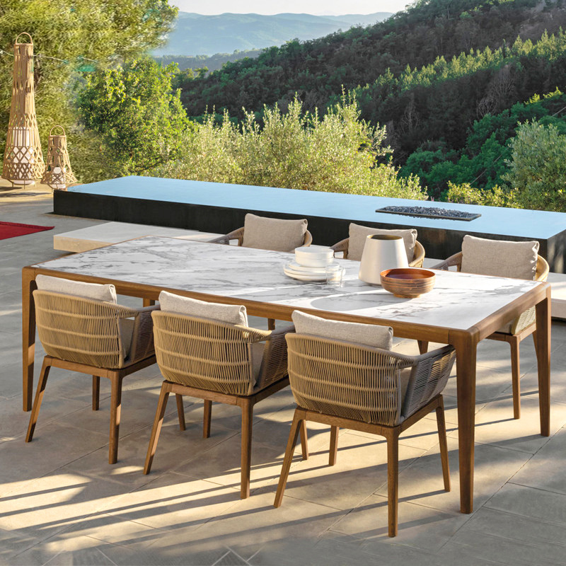 Nórdico al aire libre mesa de teca y silla de ocio patio moderno terraza mesa de comedor balcón anticorrosión de madera protección solar combinación de silla de ratán