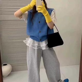 韩系学院风叠穿针织马甲开衫女春秋季糖果色无袖外搭毛衣背心女装