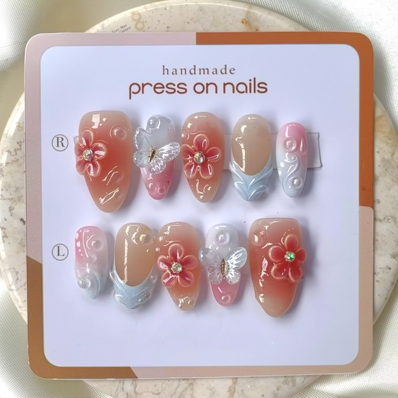 30 Pieces of Cross-Border Popular Spring Orange Gradient Press-On Nails with Painted Flowers and Sparkling Rhinestones, Ice-Transparent Nail Pieces, Wholesale in Stock 30 Pieces of Cross-Border Popular Spring Orange Gradient Press-On Nails with Painted Flowers and Sparkling Rhinestones, Ice-Transparent Nail Pieces, Wholesale in Stock