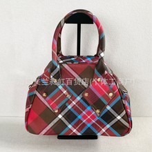 新款西太后中古红色格纹保龄球手提包复古感皮面女包高级通勤时尚