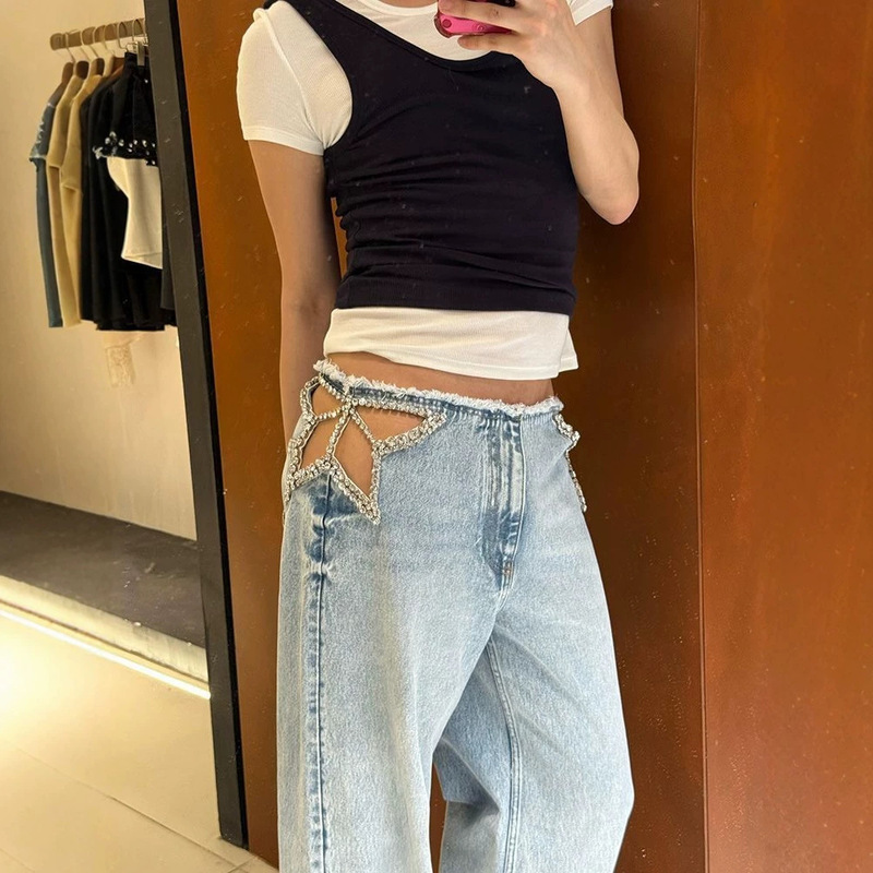 European and American cross-border Y2K American retro hot girl style star cutout rhinestone jeans, loose wide-leg pants European and American cross-border Y2K American retro hot girl style star cutout rhinestone jeans, loose wide-leg pants