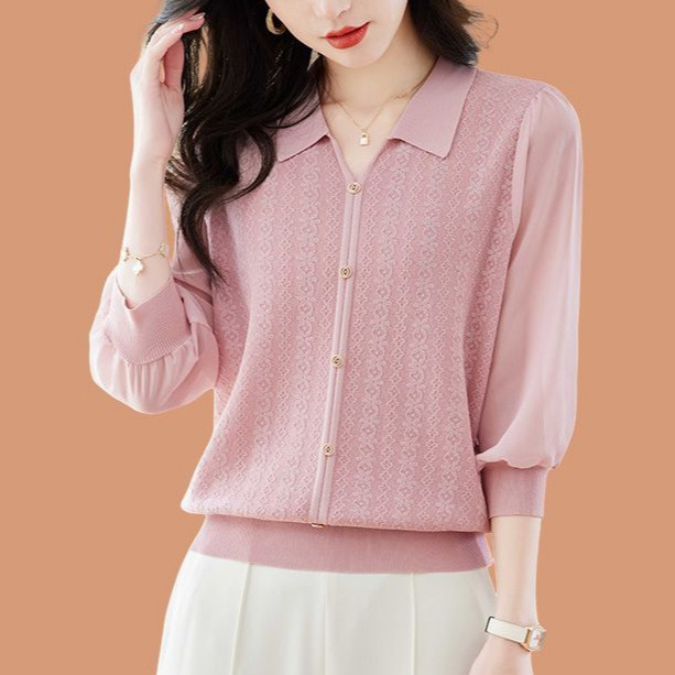 Thin Ice Silk Knitted Base Shirt with Lapel Collar for Women, 2026 New Spring/Summer Chiffon Three-Quarter Sleeve Top Paired with Skirt and T-Shirt Thin Ice Silk Knitted Base Shirt with Lapel Collar for Women, 2026 New Spring/Summer Chiffon Three-Quarter Sleeve Top Paired with Skirt and T-Shirt