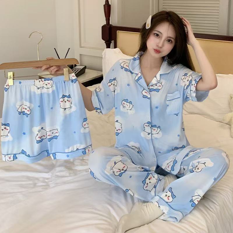 Pijamas de alta gama para mujer, conjunto de tres piezas con cárdigan a rayas de manga corta para verano, se puede usar en exteriores, conjunto de ropa para el hogar para primavera y otoño de 2025