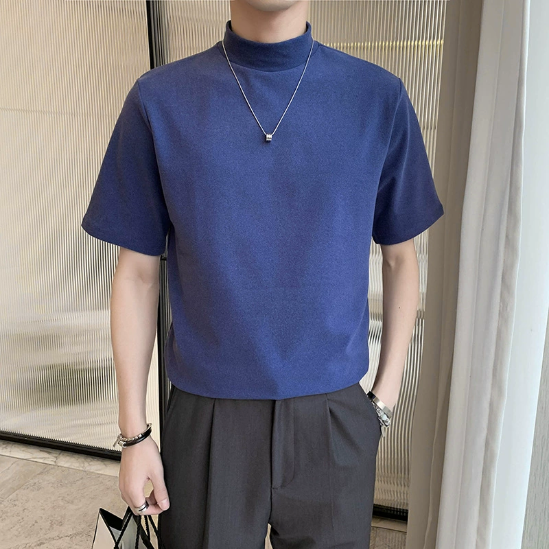 Summer base white body-friendly solid short sleeve T-shirt, high collar
