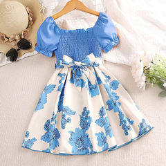 2024 Girls' Summer Dress New Children's Formal Wear Short Sleeve Printed Princess Dress European and American Children's Clothing Wholesale