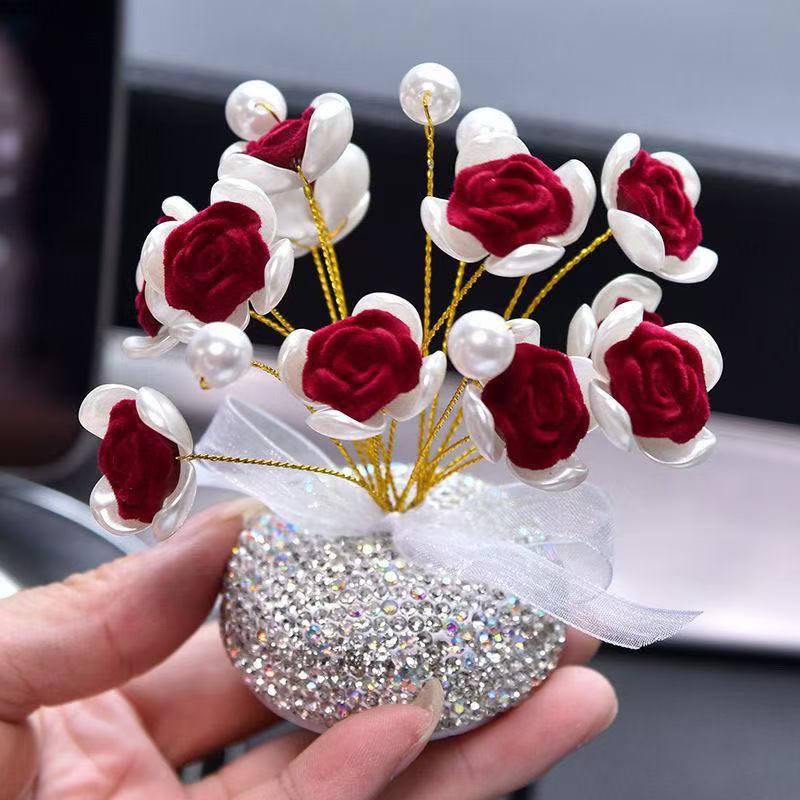 Car Accessories, Crystal Rose Flower on the Car Dashboard, Crystal Lucky Flower, Baby's Breath, Exquisite Car Interior Modification