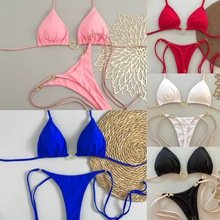 2025新款欧美金属装饰挂脖聚拢比基尼巴西性感纯色分体泳装bikini