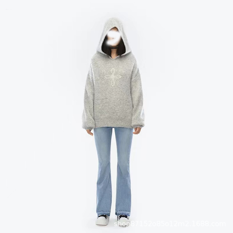 Smk R Flower of the Night Alpaca Hoodie Women's Autumn and Winter Sports Lazy Style Blended Yarn Gray Jacquard Sweater Smk R Flower of the Night Alpaca Hoodie Women's Autumn and Winter Sports Lazy Style Blended Yarn Gray Jacquard Sweater