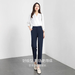 女性用黒スーツパンツ、夏用薄手、プロ仕事、フォーマル通勤、太mm、小柄、9点ドレープストレートパンツ