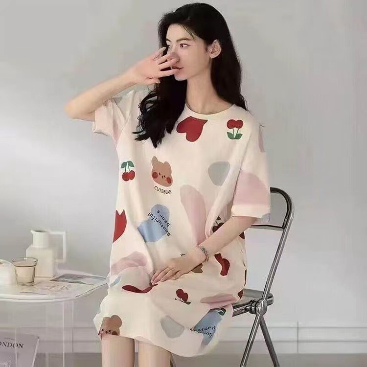 Spot falda de mujer viento perezoso talla grande camisón de mujer manga corta suelta y cómoda cuello redondo lindo vestido de casa con estampado de dibujos animados