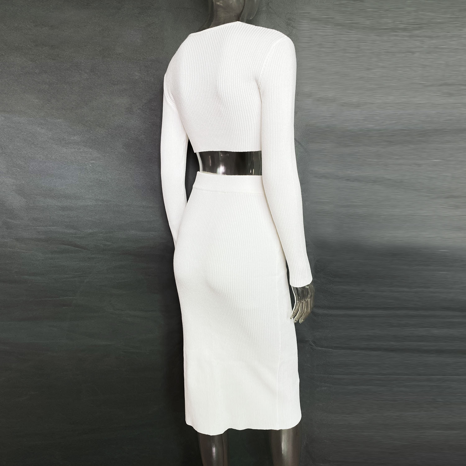 Women's Clothing Slit Sweater Dress Deep V High Elastic Wool Sweater Suit_voghion.com