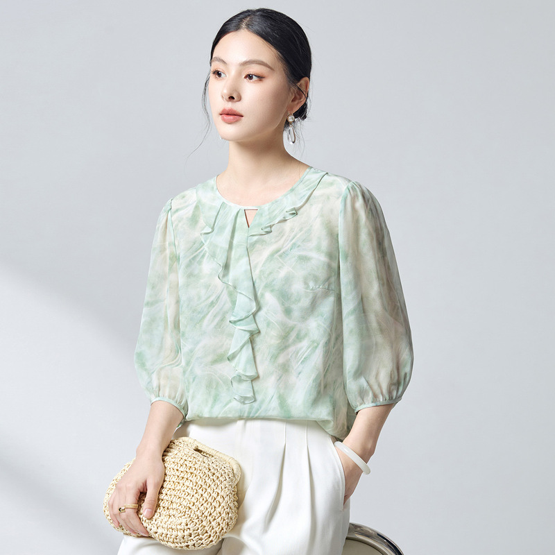 Ink Painting Style [100% Mulberry Silk] 26 Summer Commuter Round Neck Ruffle Shirt, Comfortable, Breathable, Versatile Top 2623