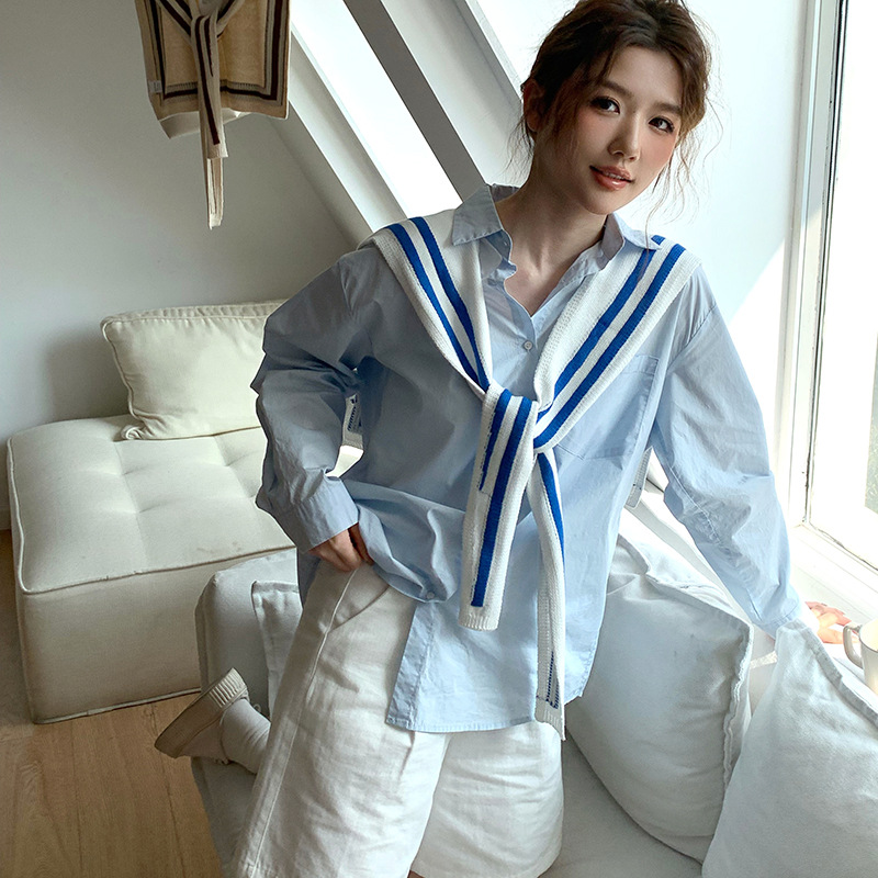 Chal de punto para mujer primavera y verano nuevo estilo azul marino a rayas estilo coreano todo-fósforo aire acondicionado decoración de la habitación cuello exterior chaleco pequeño