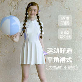 新款中大童泳衣女初中生女孩保守裙式连体游泳衣带胸垫青少年泳装