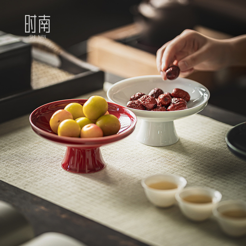 Chinese-style Ceramic Tall Fruit Plate Refreshment Plate Pastry Plate Fruit Dried Fruit Tray Household Fruit Plate Wedding Engagement Table