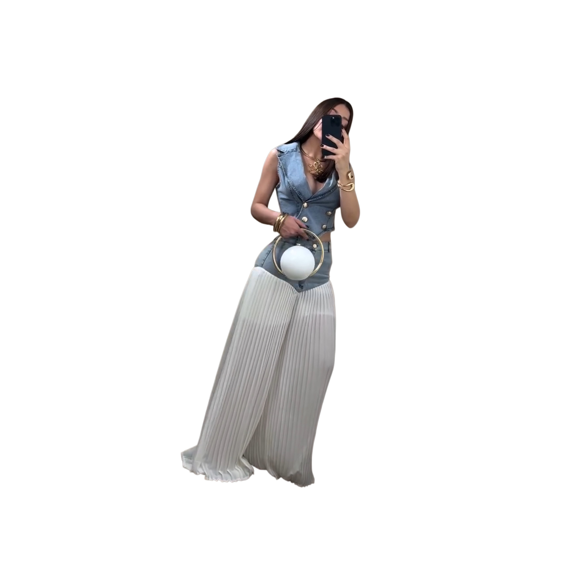 High Waist Denim Skirt Pants With Pleated Detail & Sleeveless Jacket Two-Piece Set, Casual Streetwear Outfit For Women_voghion.com