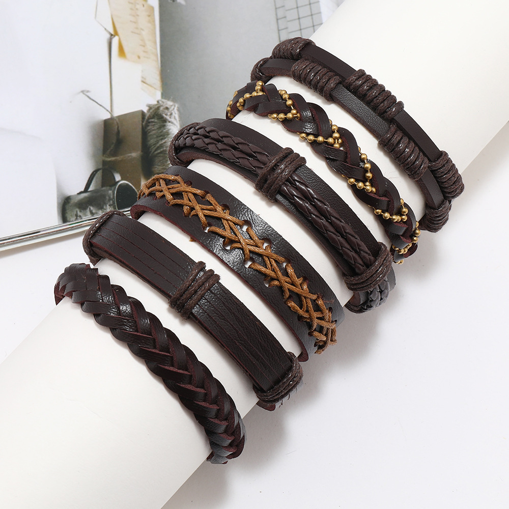 Pu Leather, Wax line Material Waves Pattern Retro Waves Pu Leather Wax Line Braid Men's Bracelets Men Cord & Leather Bracelets