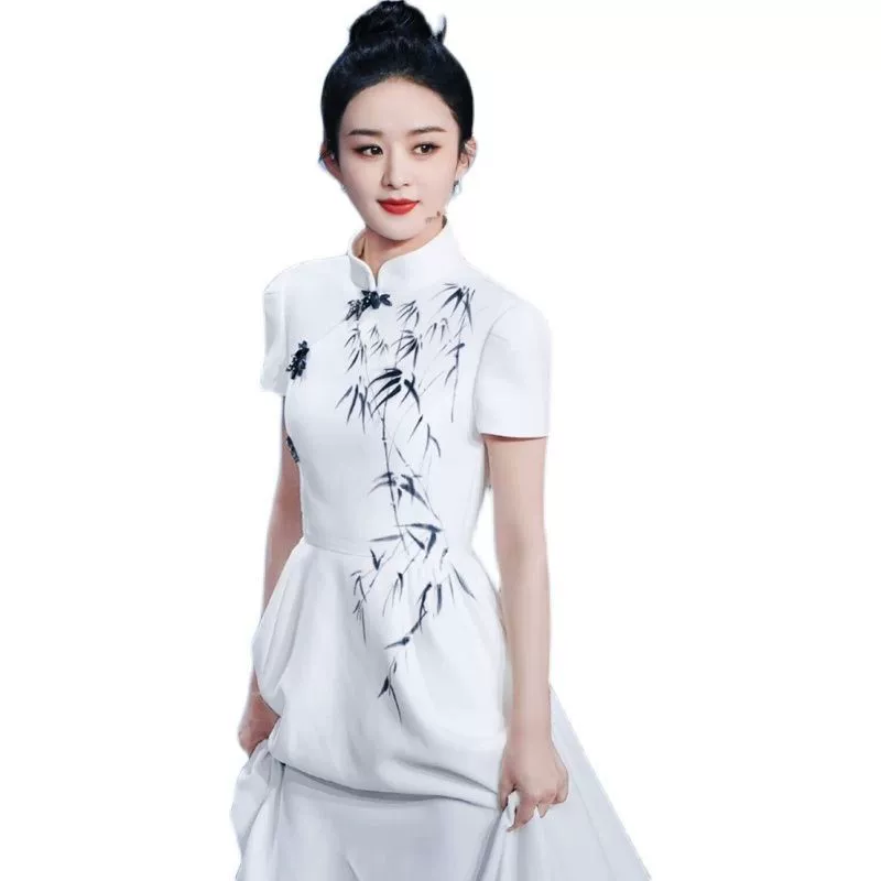 9108 реальный выстрел 2023 CCTV Весенний фестиваль Гала-концерт с белым платьем, чернилами, бамбуковым принтом, Чонсам с короткими рукавами, платье в национальном стиле