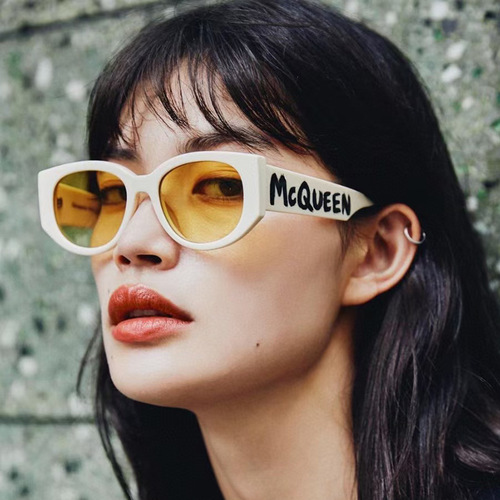 European and American cross-border new oval sunglasses fashionable English letters personalized retro sunglasses trendy decorative ink