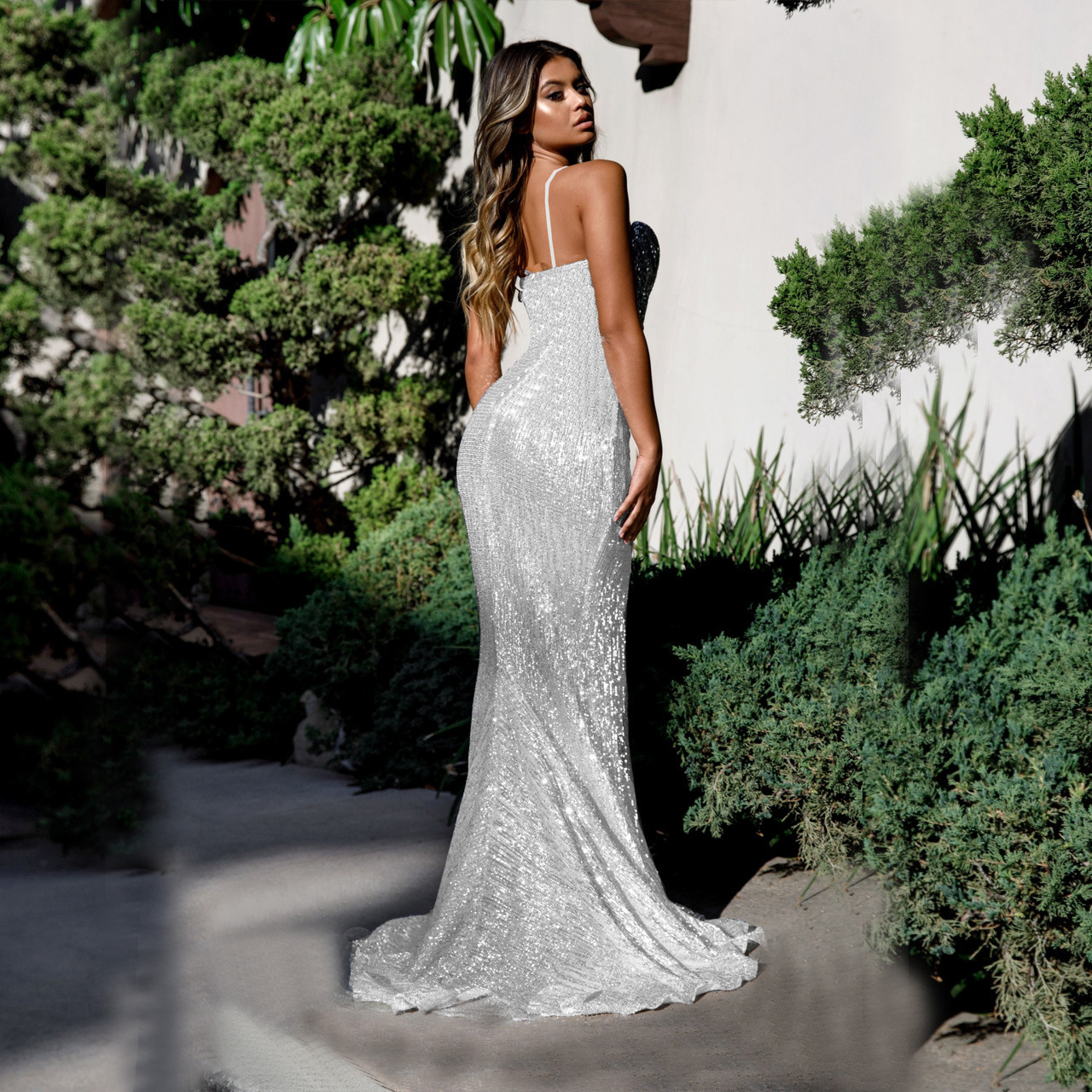 Primavera y verano europeo y americano Comercio exterior nueva correa lentejuelas split trailing vestido de noche banquete sexy Liga vestido