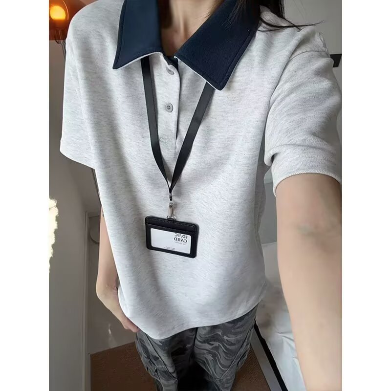 American high-street style faux two-piece sweatshirt, unisex summer outfit, collared short-sleeved shirt, high-end inner layer base shirt