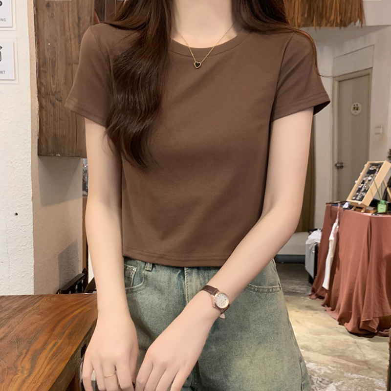 ベーシック無地半袖Tシャツレディース夏新作韓国風スリムフィット右肩ハイウエストボトムシャツレディースショートトップ|undefined