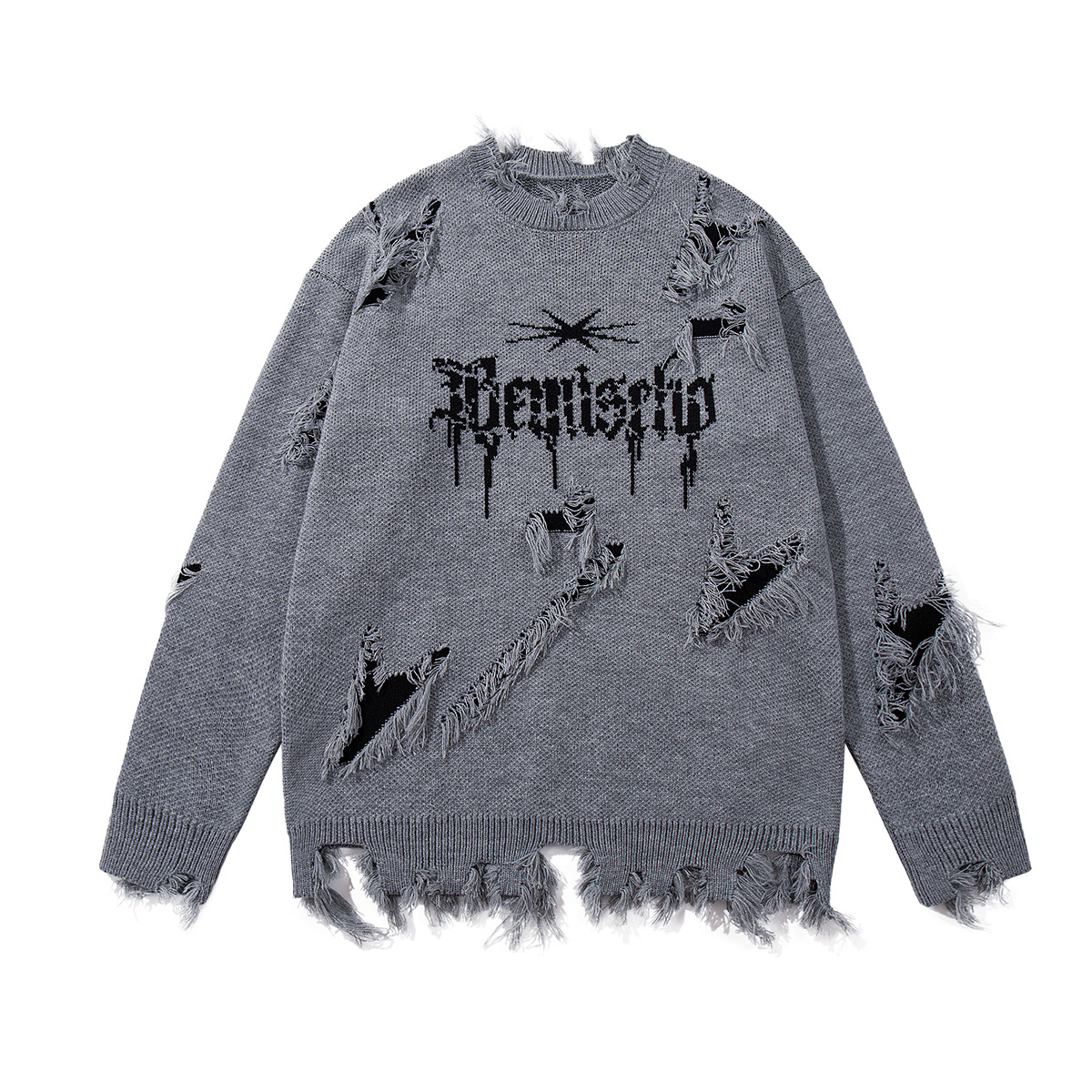Jiayiku Men's Clothing 2025 New American Hip-Hop Wasteland Style Damaged Cut Tassel Sweater Thickened Knitted Sweater for Men