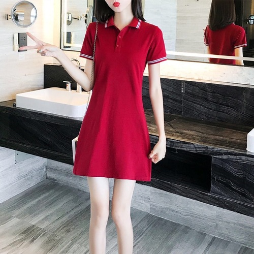 Women's Summer Slimming Sporty Casual Short Sleeve Plus Size POLO Shirt with Mid-length Collar T-shirt Dress