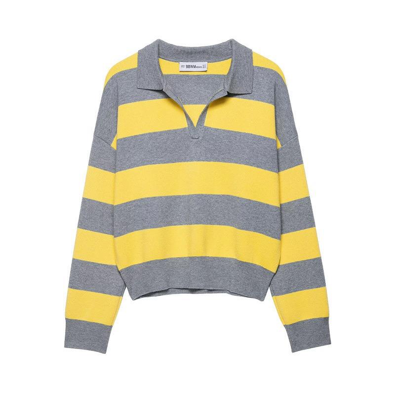 Autumn Knitted Sweater Foreign Trade Collar Striped Fashion Casual European and American Style Women's Clothing Cross-Border