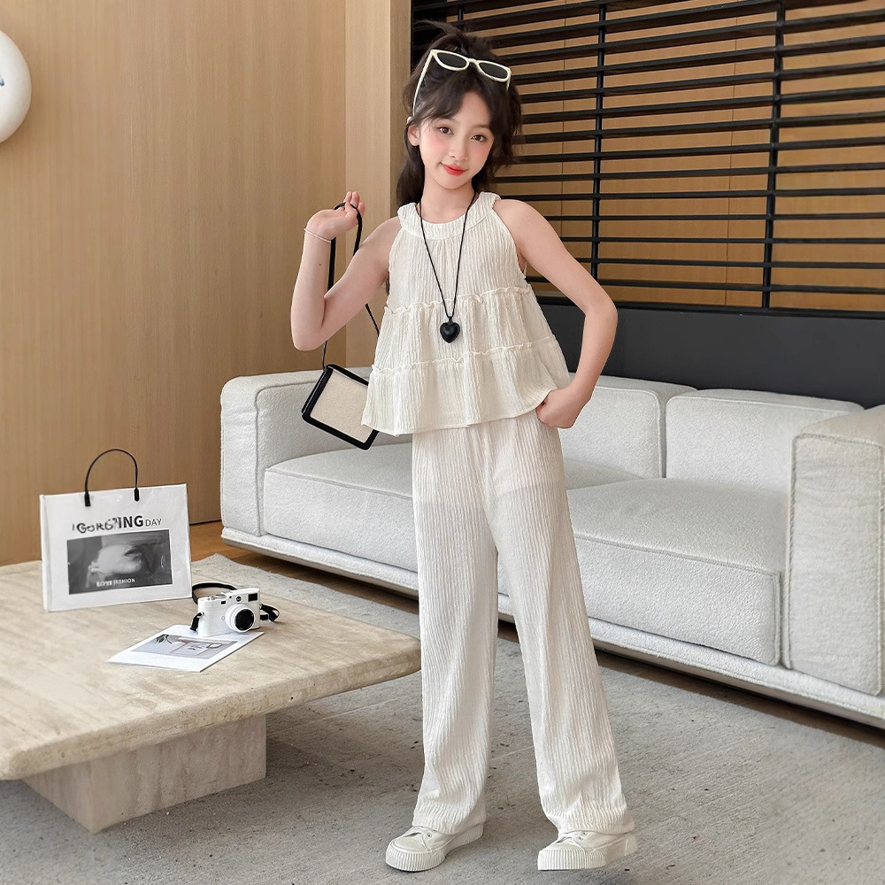 女童套装夏季2025新款洋气女童挂脖无袖套装宽松阔腿裤休闲两件套