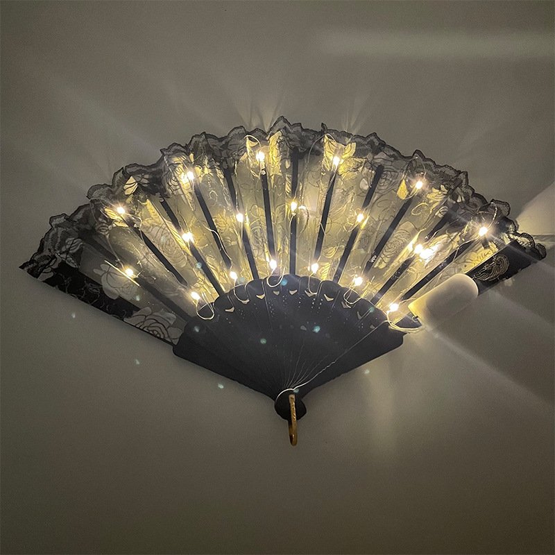 #593-2 7寸-6V双功能-发光玫瑰蕾丝扇黑底暖白色