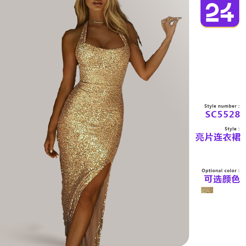 2026 Cross-Border Spring and Summer New European and American Women's Dress Halter Neck Slit Sequin Long Dress Sexy Party Evening Dress