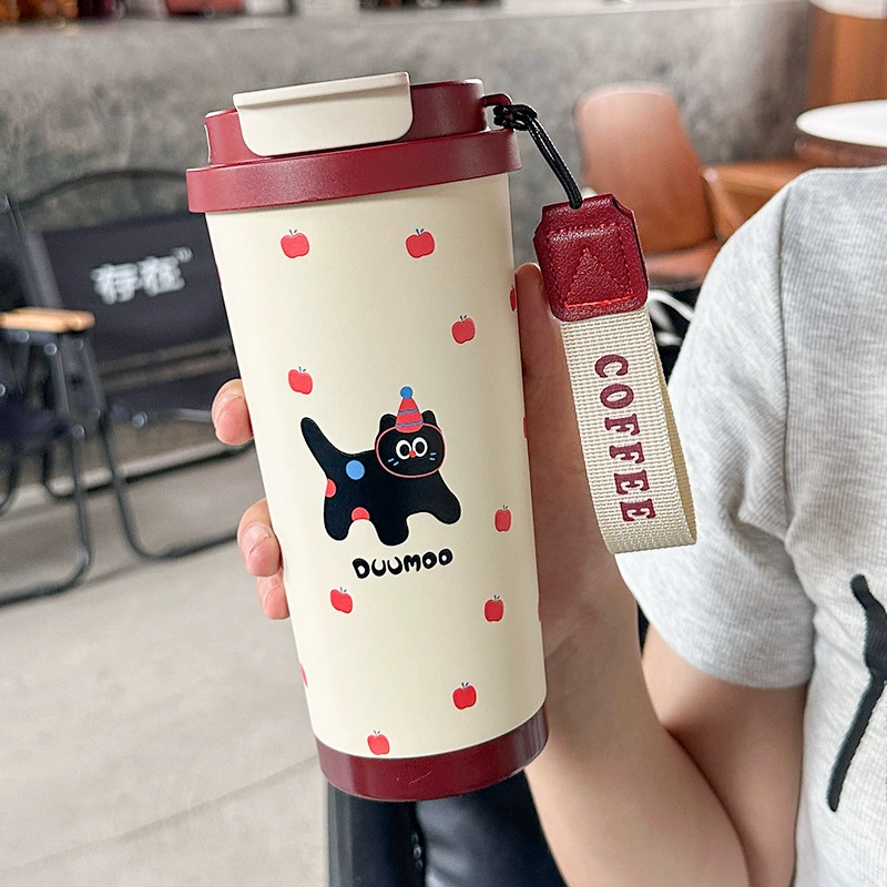 Portable Coffee Tumbler, glass & stainless steel travel mug, 500 ml, cute pattern strap gift
